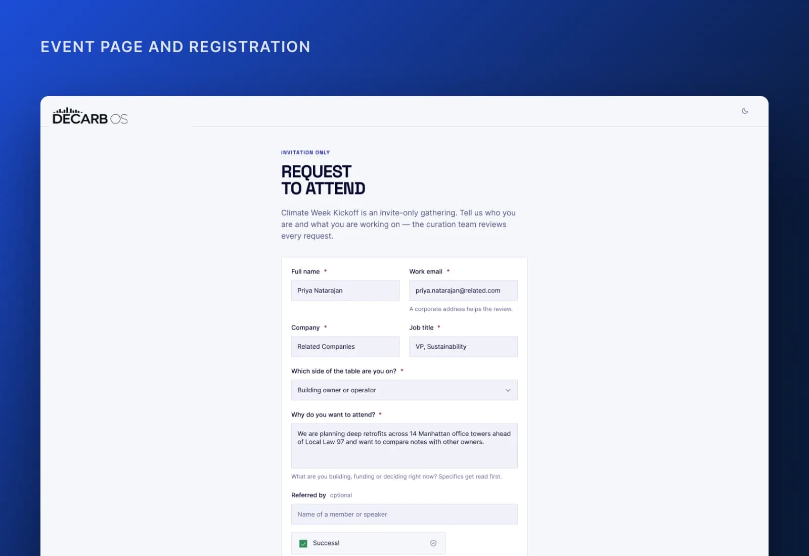 Public event page with the registration form