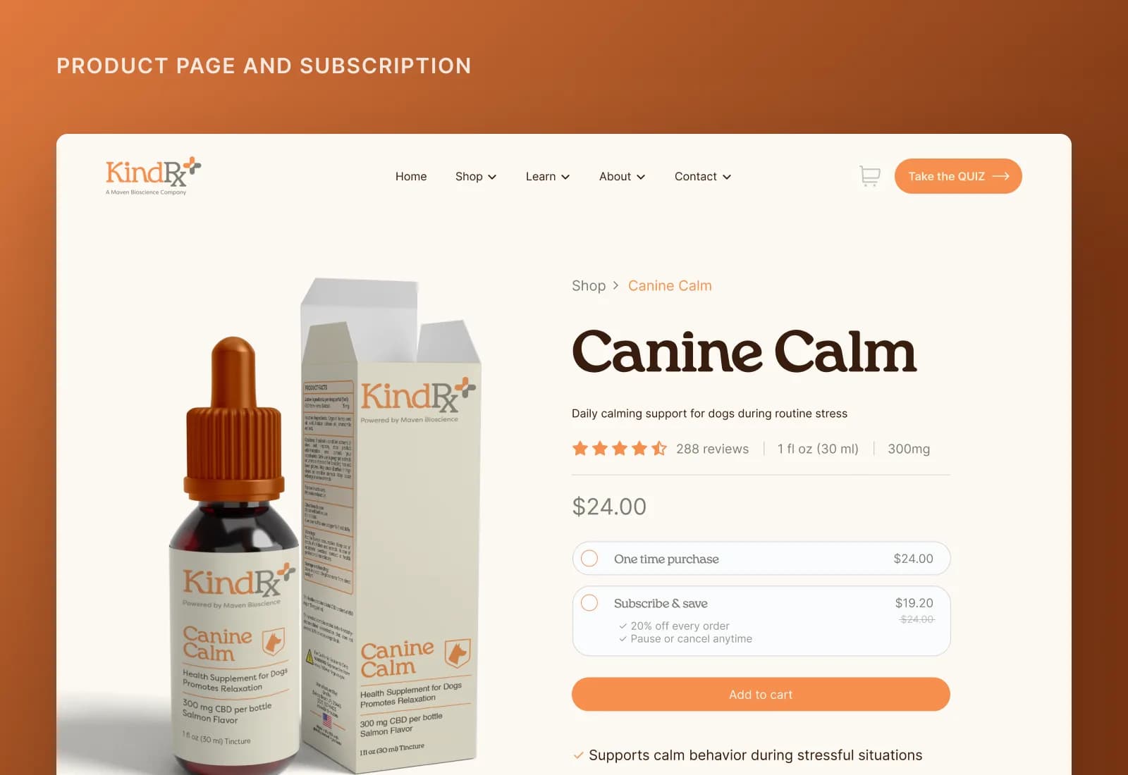 Product page for Canine Calm, with subscription options