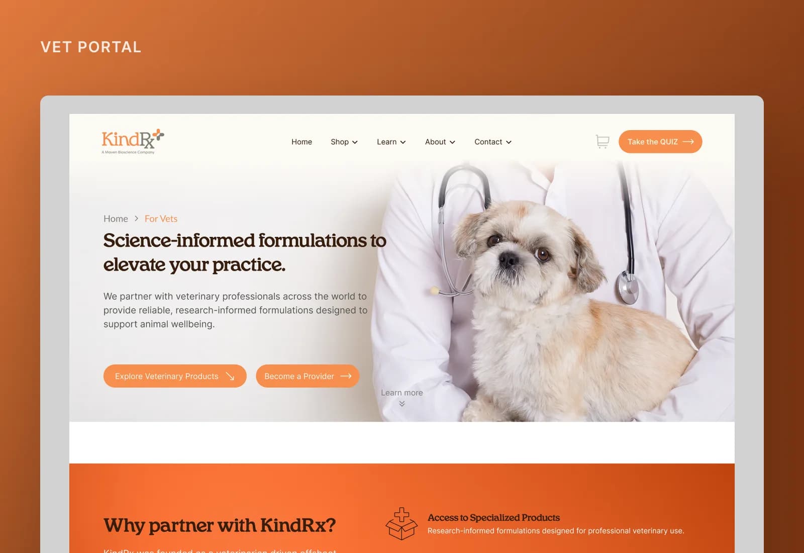 Vet portal landing page, for veterinary partners